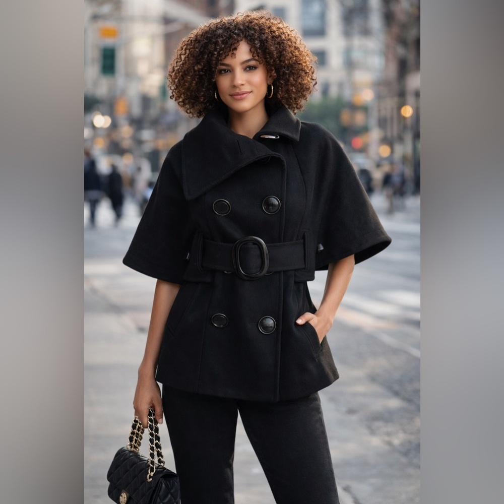 Soia & Kyo Black Wool Belted Cape Coat – Size XS